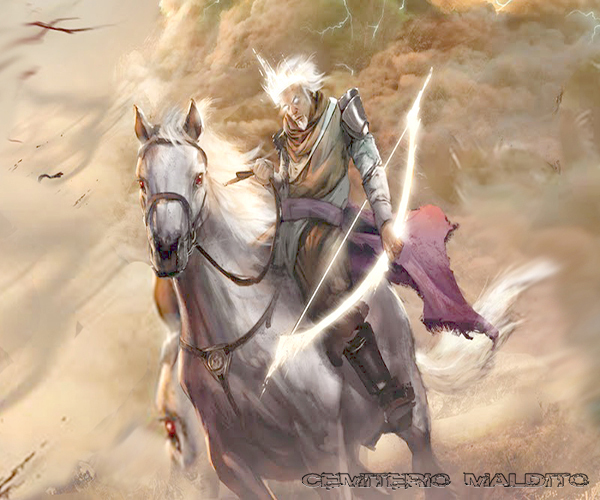 Cavalo Branco com o Cavaleiro carregando um arco
